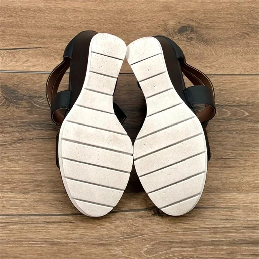 Linea Paolo Women's Size 10 Black Leather Wedge Sandals Strappy‎ Zip Comfort